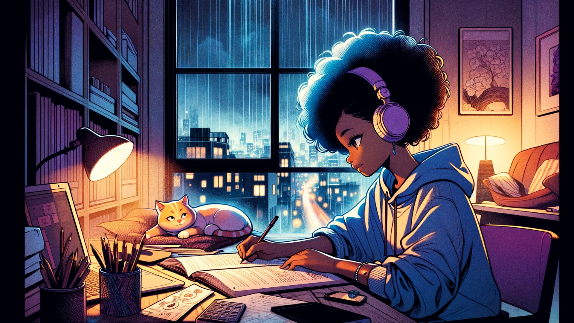 A focused student wearing headphones studies at her desk using notebooks and a laptop, surrounded by cozy lighting and a cat, representing a productive Study Island learning environment.