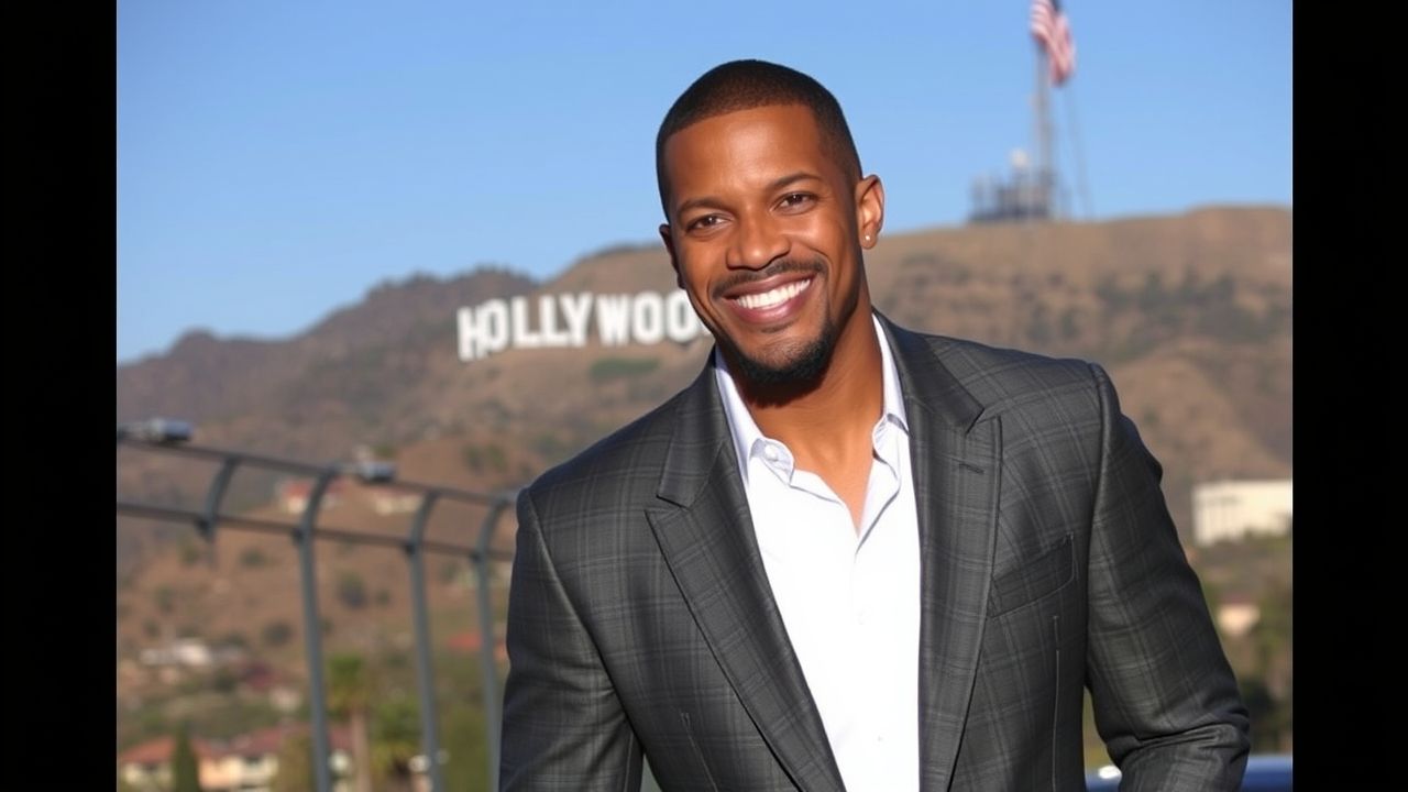 Smiling man in a suit standing outdoors near the Hollywood sign, representing positive energy and resilience following the Jamie Foxx health update.