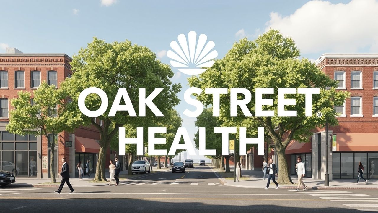 Street view of a modern neighborhood with red-brick buildings, green leafy trees lining the sidewalks, and people walking across the crosswalk. The bold white text "OAK STREET HEALTH" is centered over the image with a white fan-shaped logo above it.