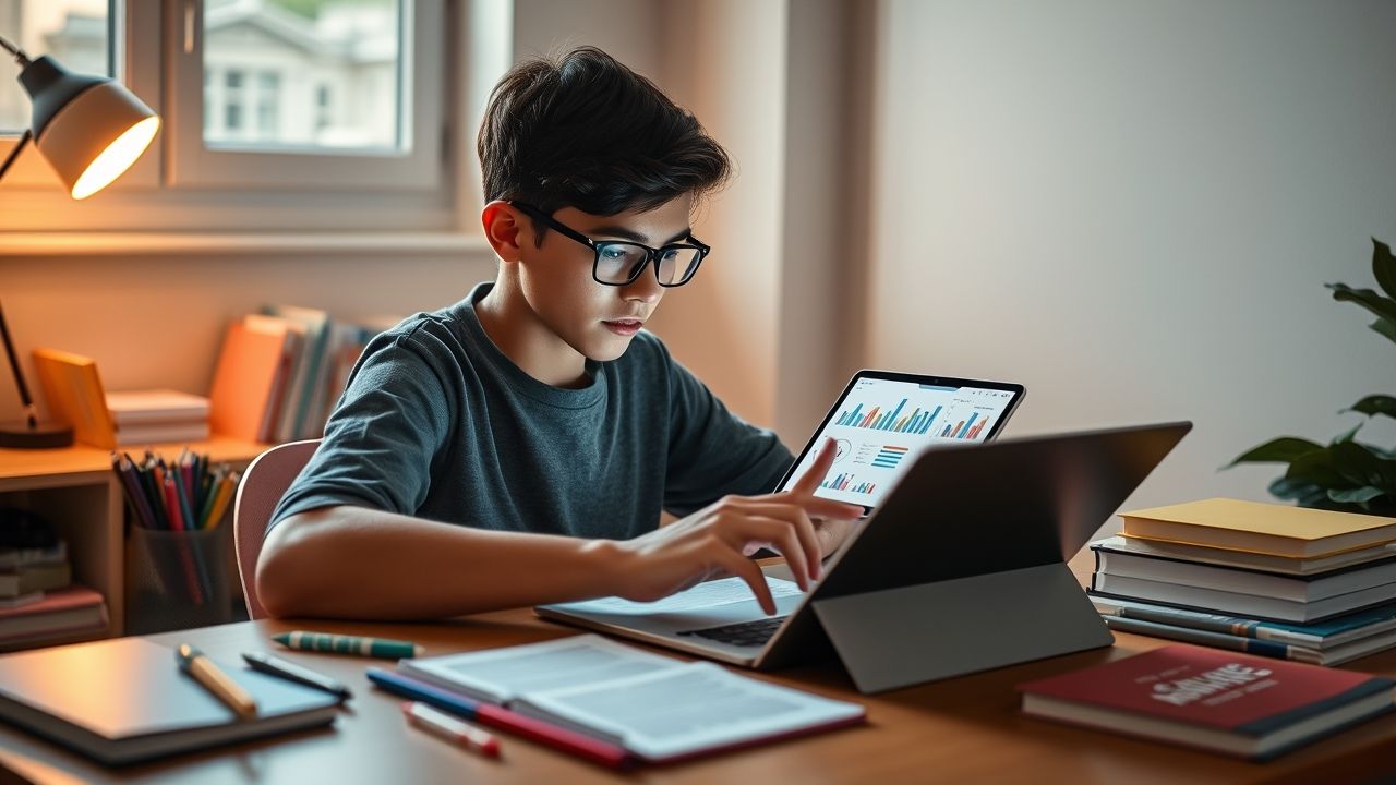 "A student engaging with dynamic study modules on a tablet, showcasing adaptive learning and personalized feedback tools."