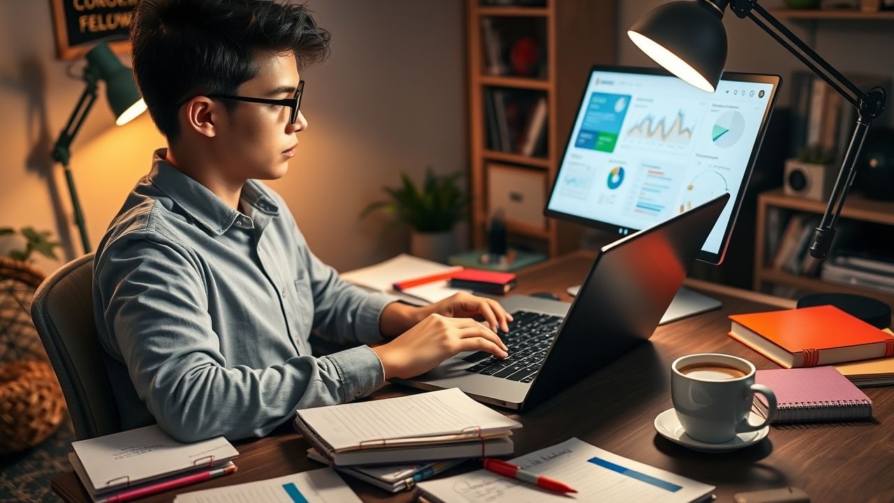 A student studying at a desk with a laptop and data charts on the monitor, representing focused learning using Study Island in a digital academic environment.