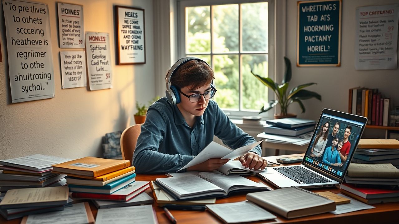 Student listening to study music with headphones while studying at a desk.