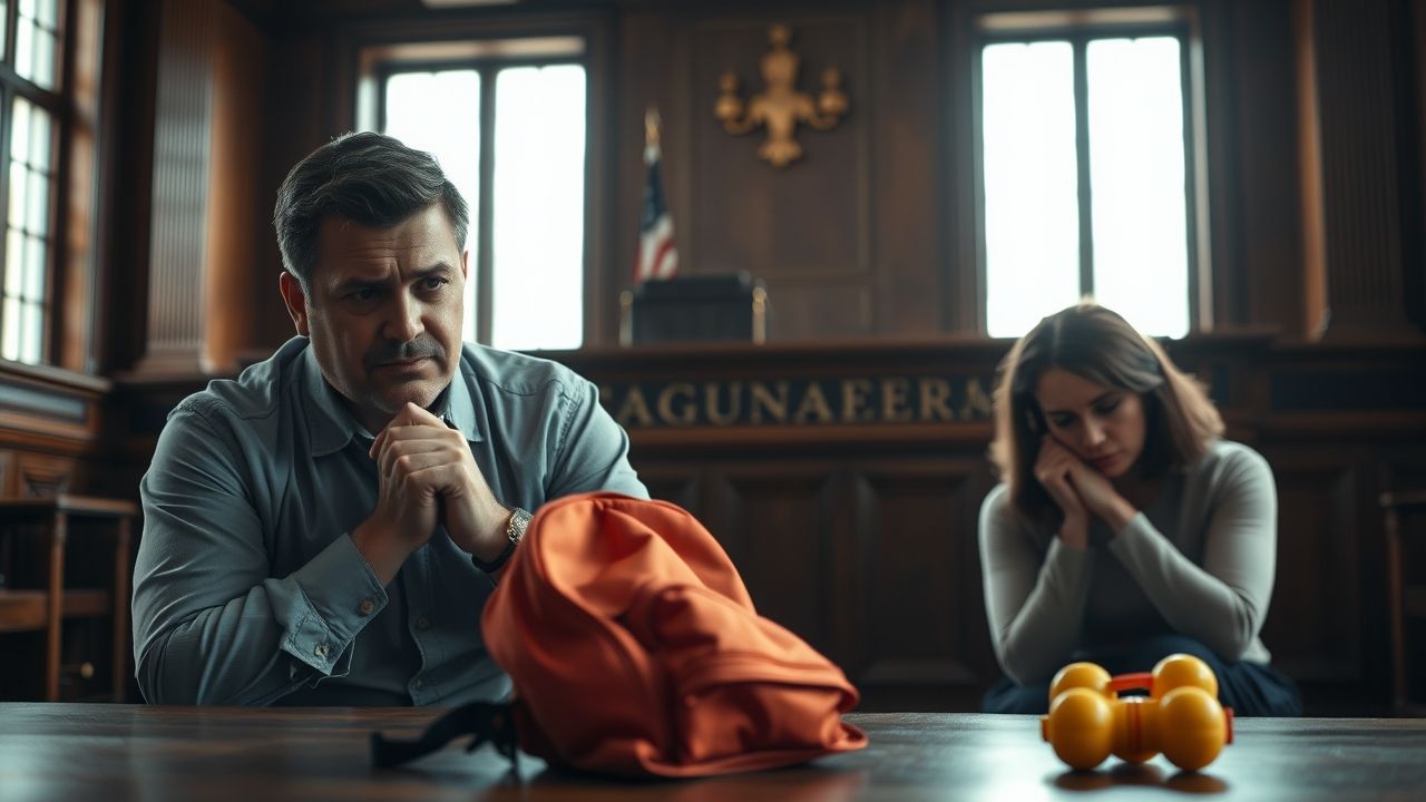 Worried parents sitting apart in a courtroom with a child’s backpack and toy on the table, symbolizing the emotional weight of a child custody dispute.