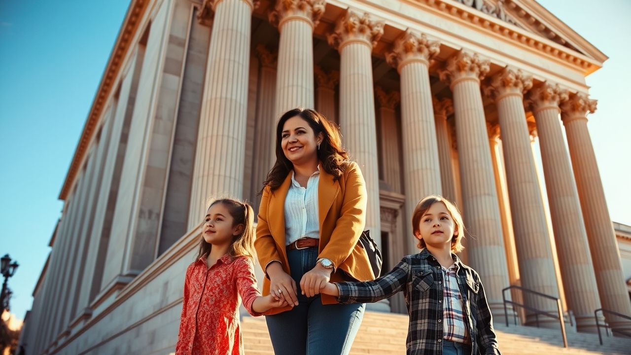 A mother proudly holding hands with her two children outside a courthouse, symbolizing achieving full custody through a successful legal process.