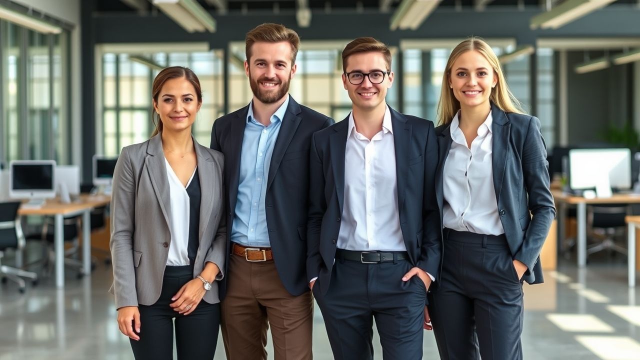 Group of young professionals in business casual attire standing confidently in a modern office environment.