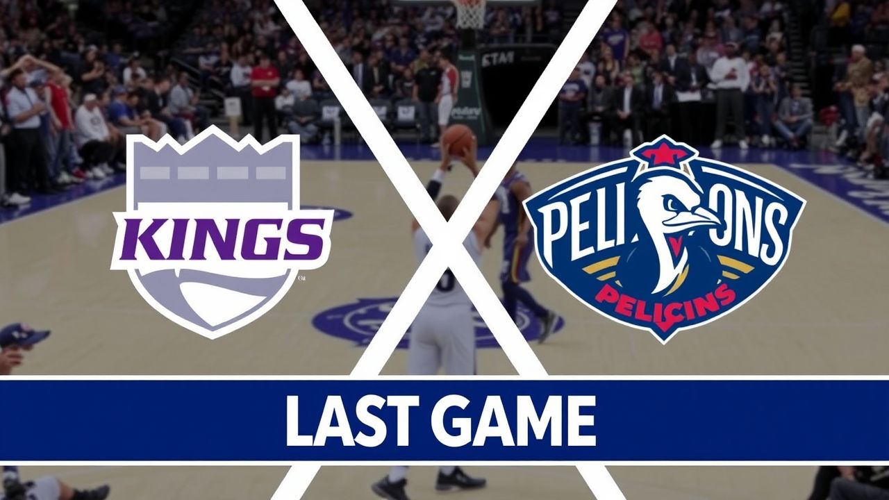 Graphic showing the Sacramento Kings vs New Orleans Pelicans logos with the text "Last Game" overlayed, symbolizing a recent matchup between the two NBA teams. The image highlights the rivalry and sets the stage for game stats, analysis, and player performances.