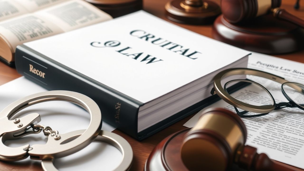 "Close-up of a desk with legal items including a gavel, handcuffs, eyeglasses, and a book titled 'CRUITAL @ LAW', symbolizing criminal law and the justice system."