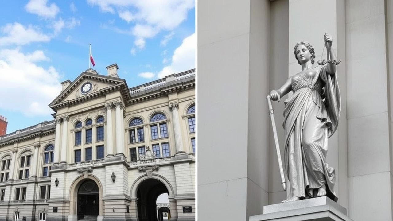 The image is split into two parts. The left side shows the exterior of a grand courthouse with classical architecture, featuring large arched windows, tall columns, and a clock centered above the main entrance. A flag is flying atop the building. The right side shows a close-up of a silver statue of Lady Justice, holding a sword in one hand and scales in the other, symbolizing fairness and the rule of law.