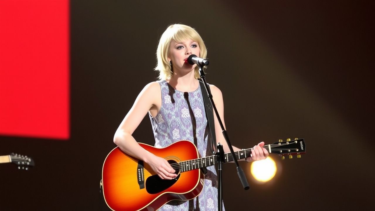 Young Taylor Swift performing live with a guitar during her early music career, highlighting the period when she balanced education and rising fame before college decisions.
