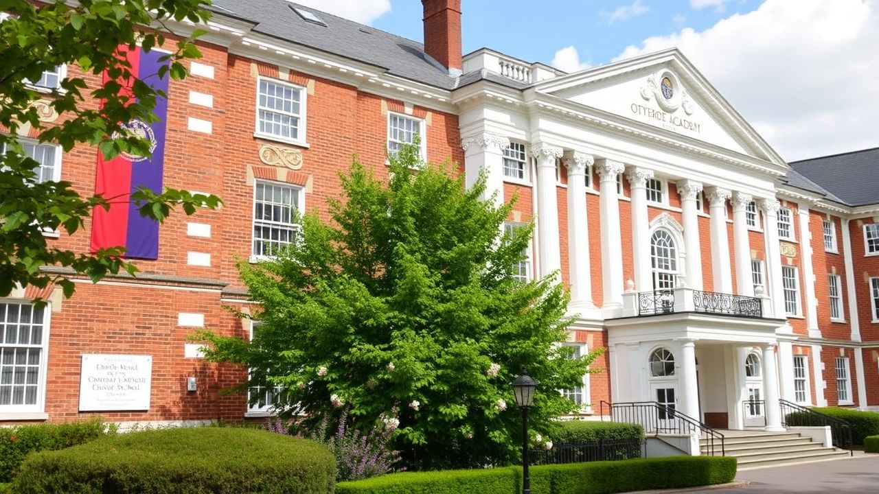 A grand red-brick academic building with white columns and trim, likely part of a private school or university. The structure features a neoclassical architectural style with a pediment labeled "OXFORD ACADEMY" and a decorative crest. A lush green tree and well-maintained shrubs are in the foreground, while a banner in red and blue hangs on the left side of the building. The sky is partly cloudy with patches of blue.