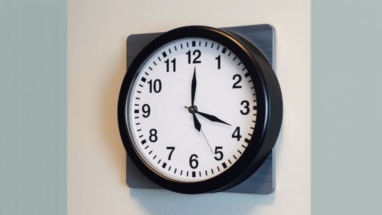 A round wall clock with a white face and black frame is mounted on a light-colored wall. The clock displays the time as 3:00:26, with the hour hand pointing at 3, the minute hand at 12, and the second hand near the 5. The clock is set against a square metallic backplate, adding a modern touch to its design.