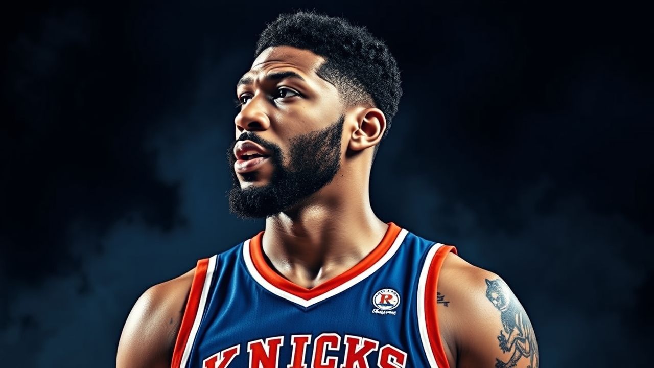 A basketball player wearing a blue New York Knicks jersey is shown in a dramatic, well-lit portrait. He has a neatly trimmed beard and short curly hair, with a focused expression on his face as he looks to the side. A detailed tattoo is visible on his upper arm. The background is dark and moody, enhancing the intensity of the image.