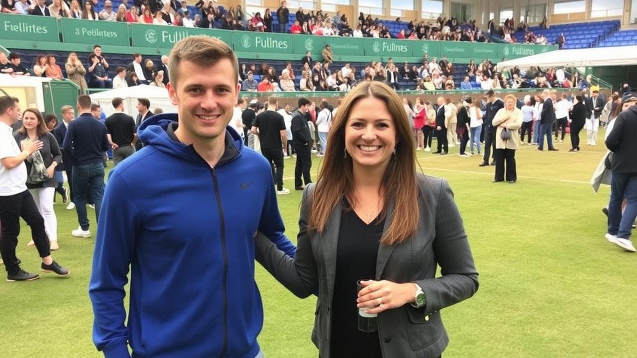A man and a woman smiling and posing for a photo on a grass court surrounded by a crowd at a tennis event, with the man resembling Luka Dončić in casual athletic wear.
