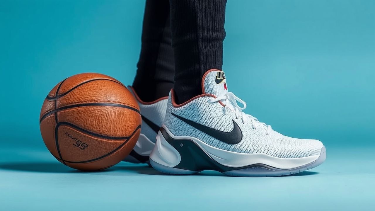 Giannis Antetokounmpo’s Nike Zoom Freak basketball shoes displayed next to a basketball.
