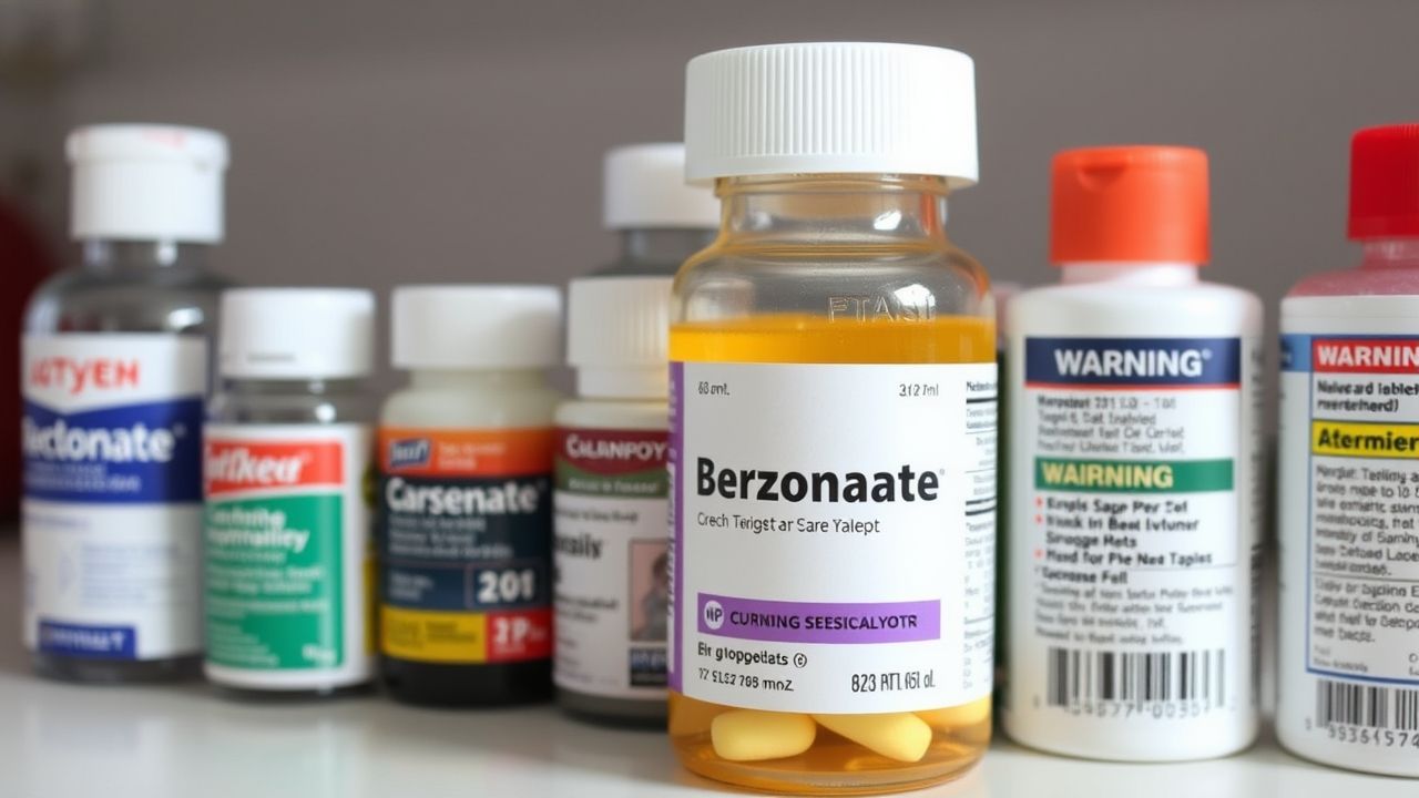 Benzonatate prescription bottle beside common over-the-counter drugs with interaction warning labels