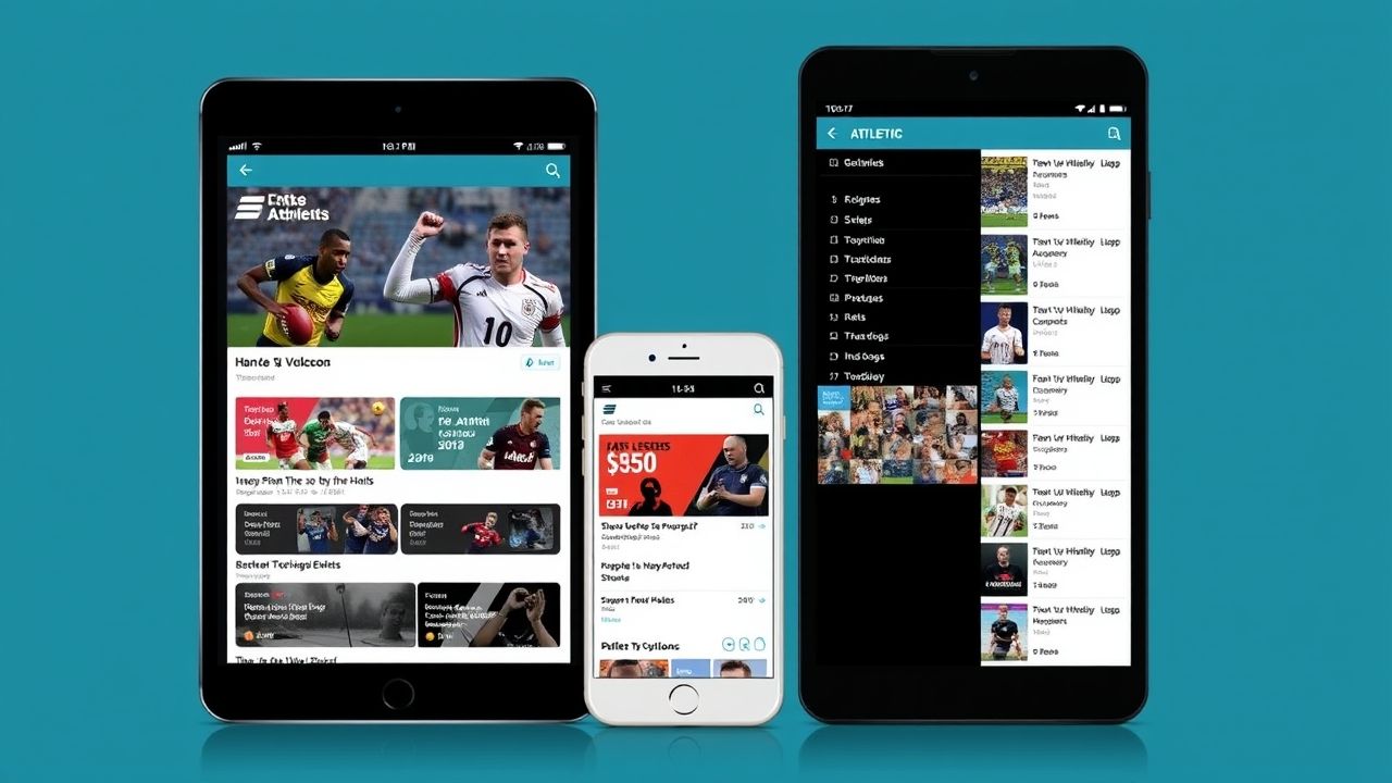 A user browsing The Athletic UK on a tablet and smartphone, showing sports headlines, subscription pricing, and football coverage.