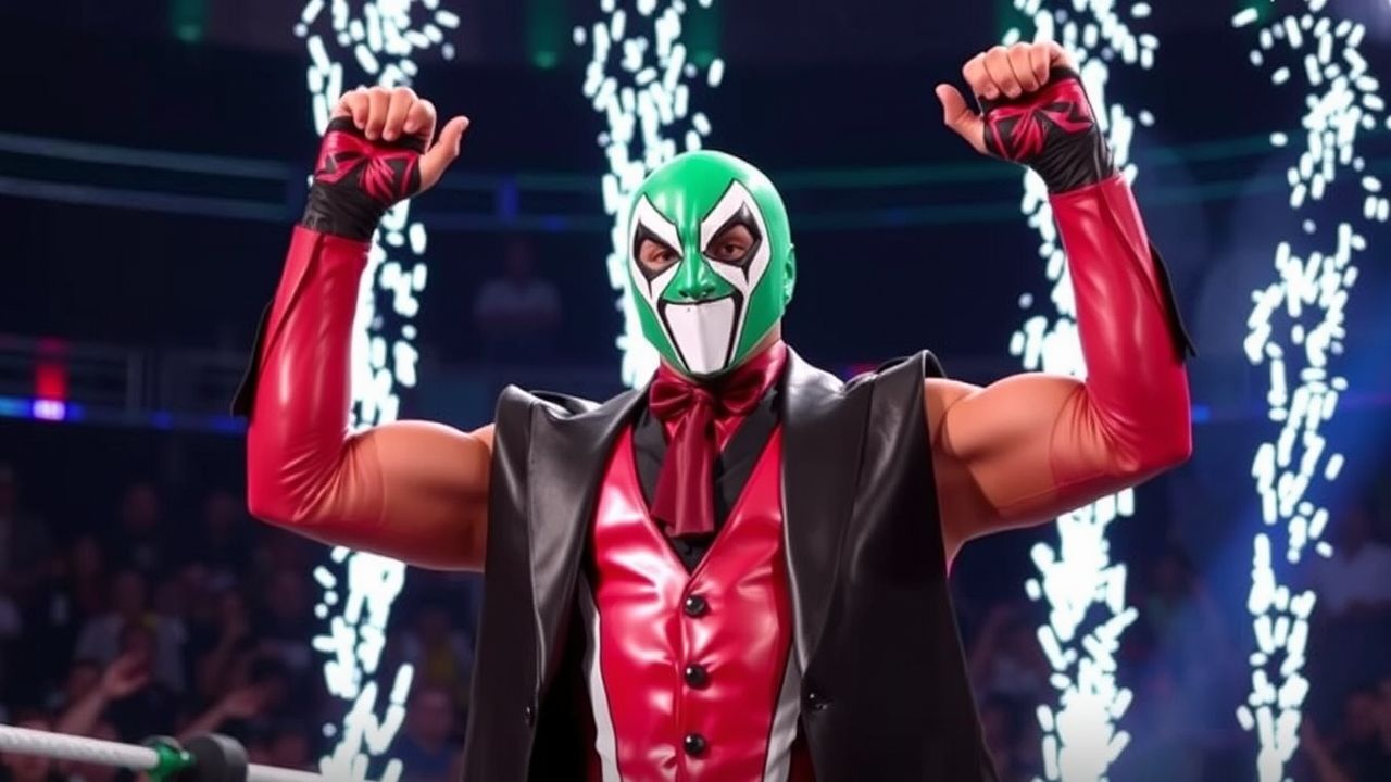 Masked wrestler dominik mysterio in a green and white lucha-style mask, red and black costume, standing in the ring with arms raised amid fireworks during a dramatic entrance.