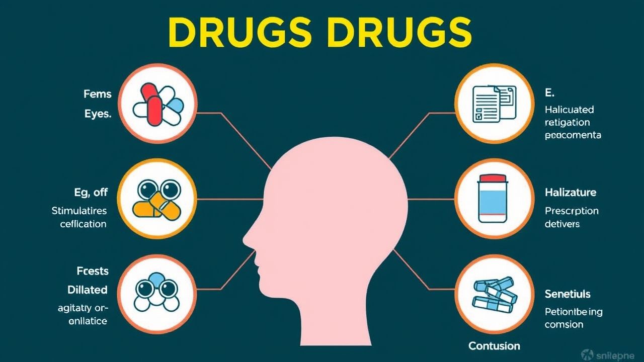 Infographic showing stimulant, hallucinogen, and prescription drug types that can cause dilated pupils, with associated symptoms like agitation and eye changes.