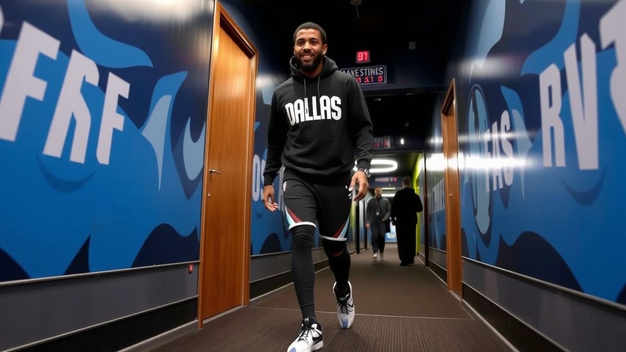 Kyrie Irving wearing a black "DALLAS" hoodie and athletic gear walks confidently down a brightly lit hallway with blue and black wall designs. Two people are seen walking in the background.
