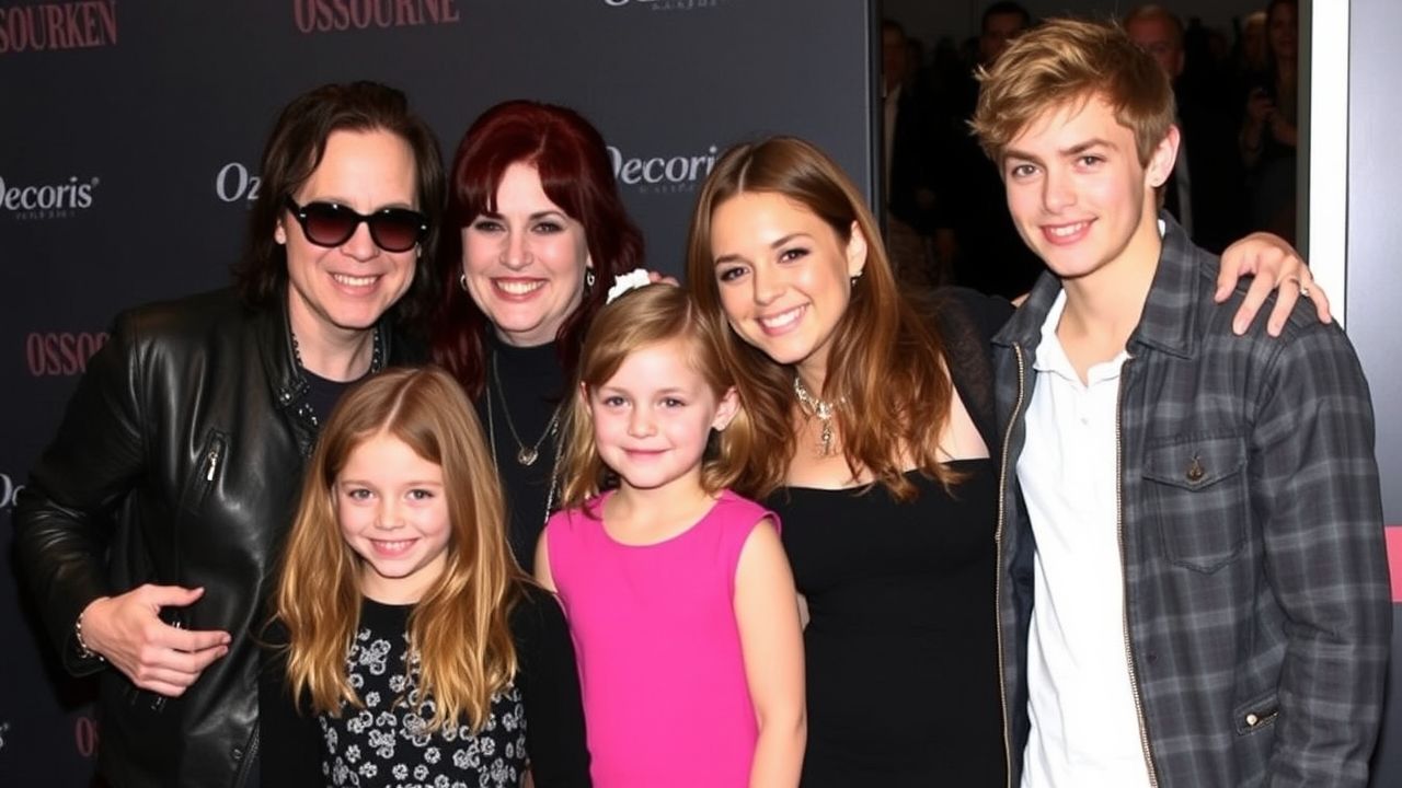 Ozzy Osbourne with Sharon Osbourne and his children—Aimee, Kelly, Jack, Jessica, Louis, and Elliot Kingsley—highlighting his family legacy beyond music.