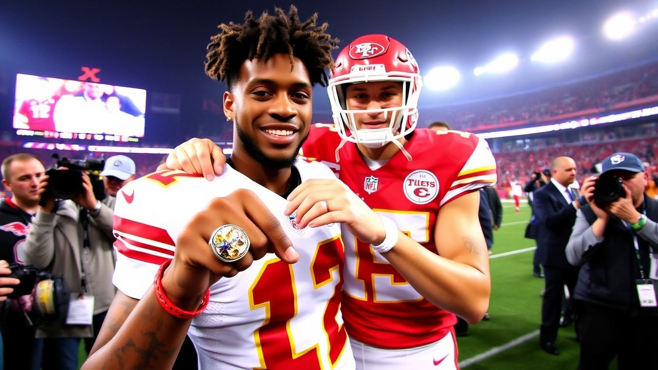 Tyrann Mathieu proudly showing off his Super Bowl ring alongside a Kansas City Chiefs teammate after winning the championship, highlighting that Tyrann Mathieu has a Super Bowl ring.