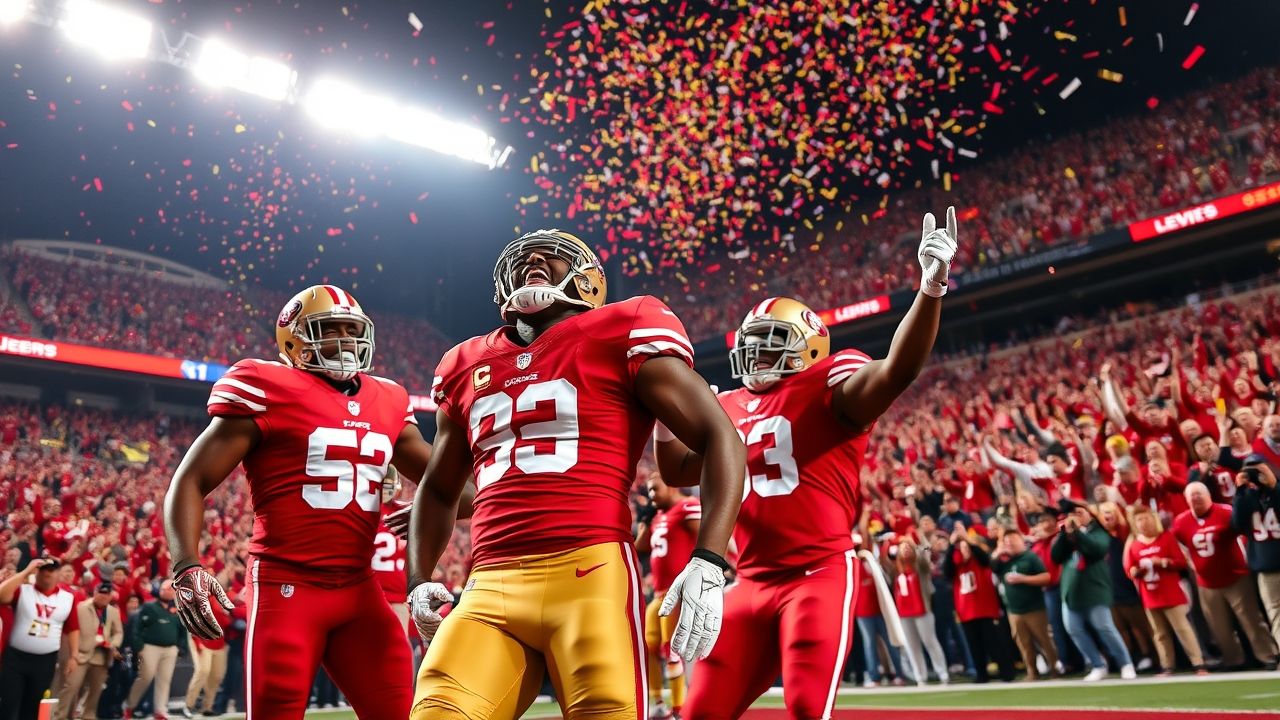 Brandon Aiyuk and fellow San Francisco 49ers players celebrate a touchdown during a home game, surrounded by roaring fans and falling red and gold confetti. Aiyuk, wearing the team’s iconic red and gold uniform, stands triumphantly with teammates in a packed stadium filled with energy and excitement.