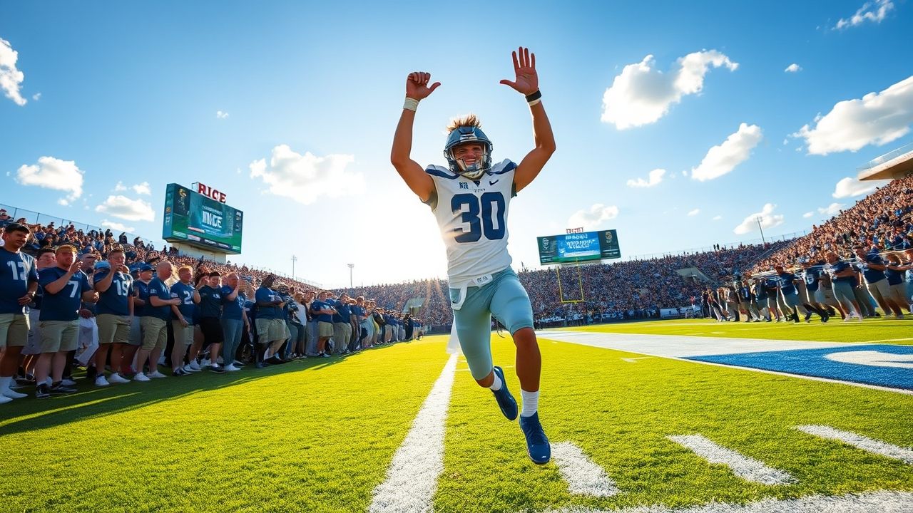 Luke McCaffrey, a Rice University football player wearing jersey number 30, celebrates a touchdown with arms raised while running in the end zone. The packed stadium crowd cheers in the background under a bright blue sky with scattered clouds, with the scoreboard showing "RICE."