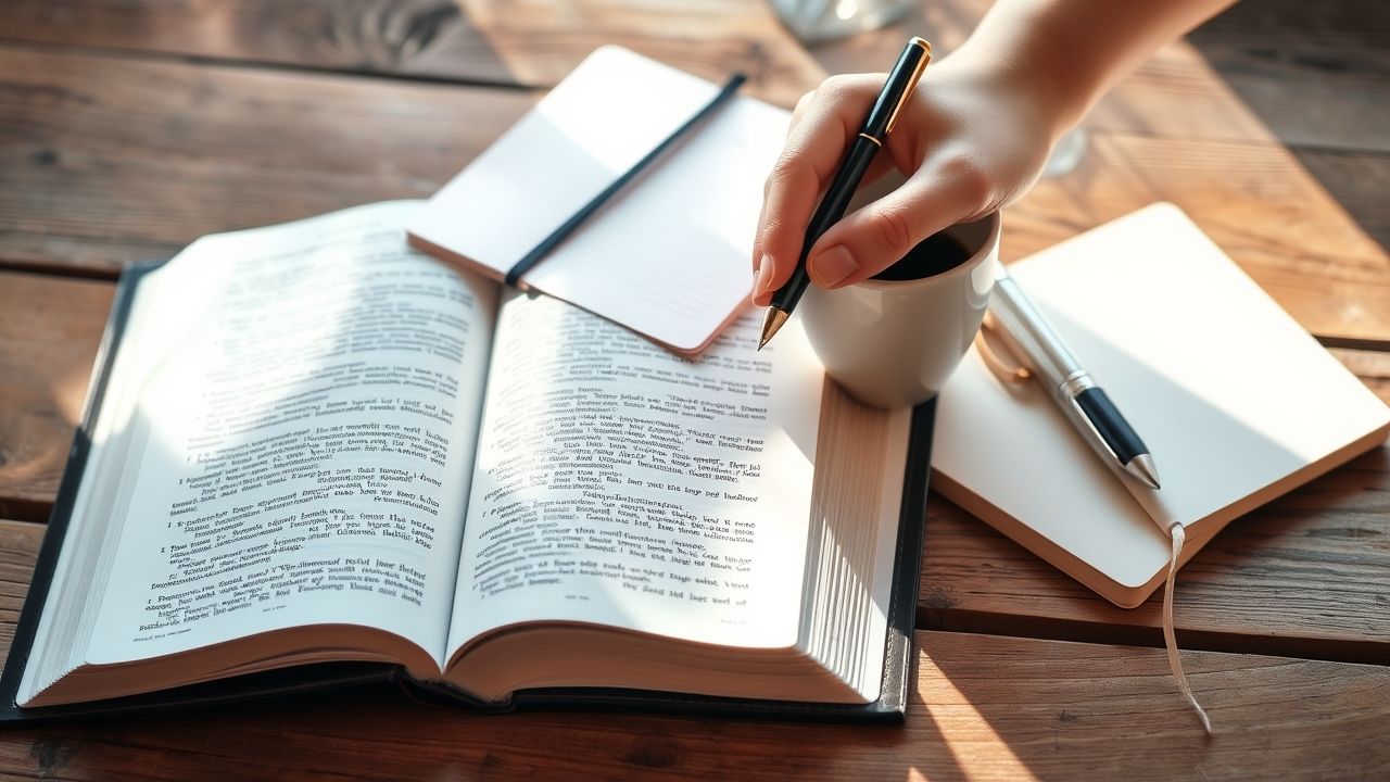 A person taking notes beside an open Bible and journal, illustrating how to study the Bible with prayer, reflection, and consistency.