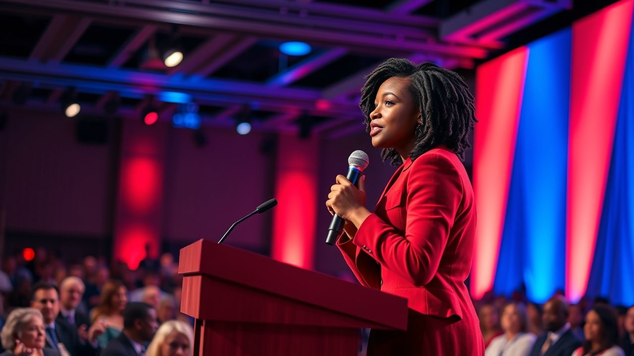 A woman Candace Oweb in a red suit stands at a podium, speaking passionately into a microphone during a political event. The backdrop features red and blue lighting, creating a dramatic atmosphere. The audience, dressed in formal attire, watches intently as she delivers her message. The setting suggests a high-profile gathering or campaign event.