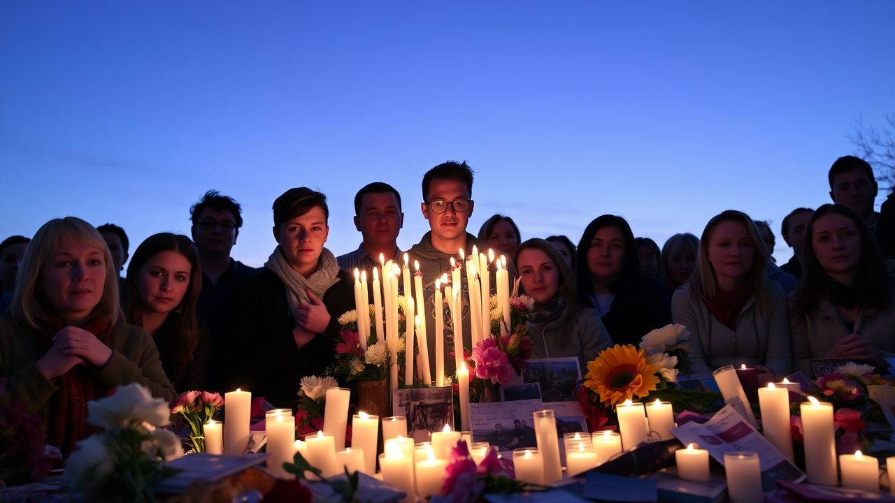 A group of people stands in front of a table covered with candles, flowers, and photographs during a candlelight vigil. The individuals, including some young adults, have somber expressions as they pay their respects. The background shows a darkening sky, creating a peaceful yet emotional atmosphere. The light from the candles illuminates their faces, highlighting the somber tone of the moment.